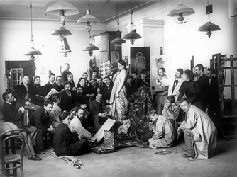 Ilya Repin ensinando uma aula de vida na Academia Imperial, São Petersburgo, 1898